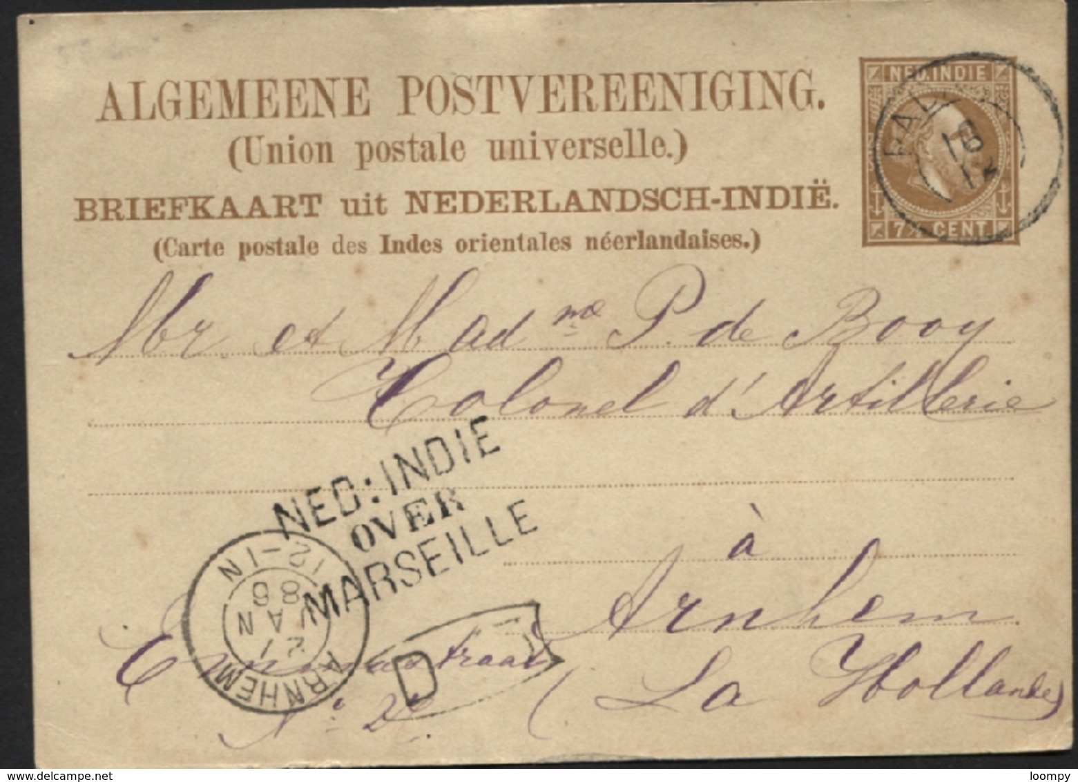 NEDERLANDSCH INDIE - Postkaart PADANG Naar Arnhem 1885 + NED:INDIE/OVER/MARSEILLE (x71) - Nederlands-Indië