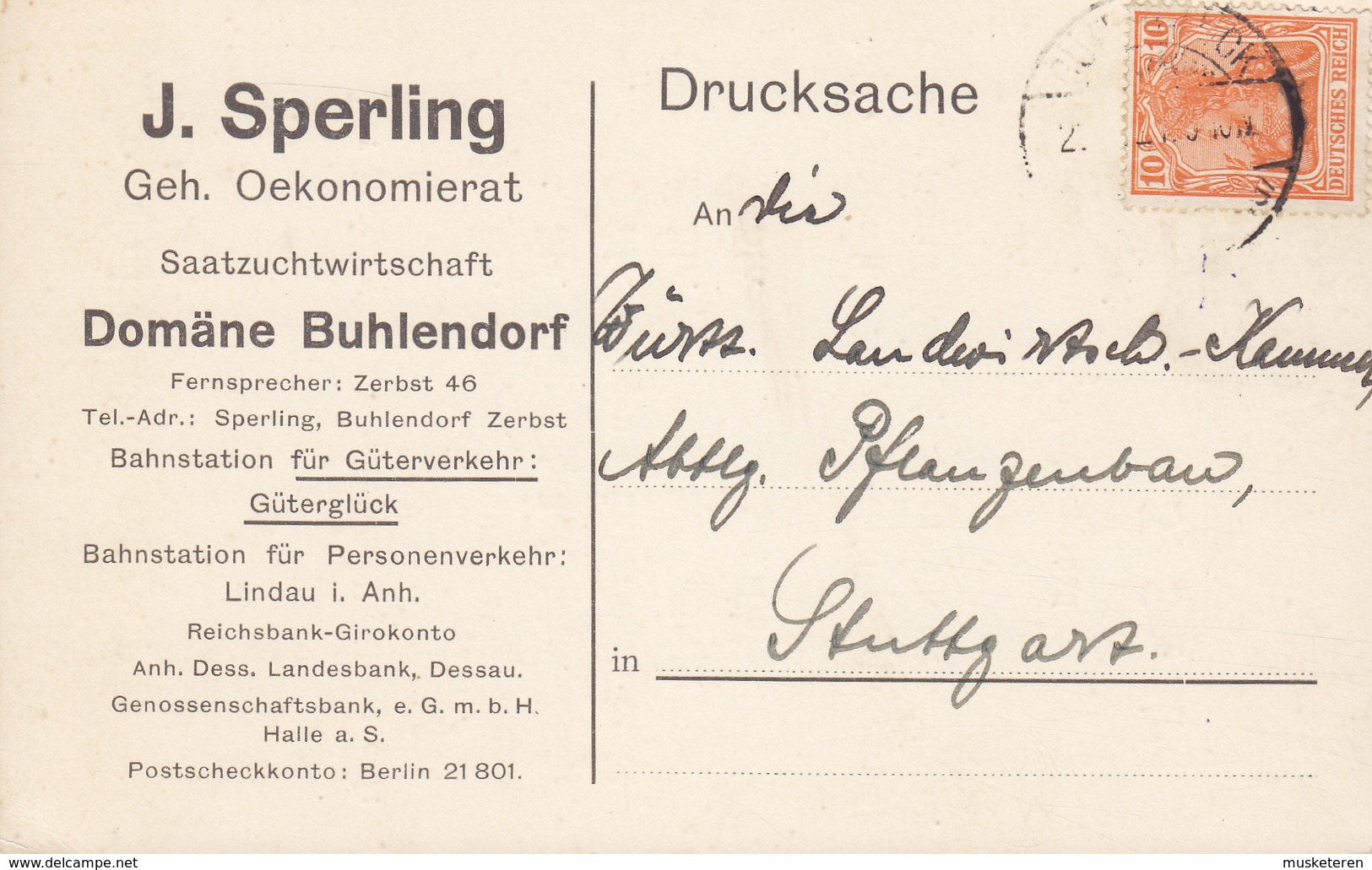 Deutsches Reich J. SPERLING Saatzuchtwirtschaft DOMÄNE Buhlendorf GÜTERGLÜCK 1921 Card Karte Germania (2 Scans) - Briefe U. Dokumente