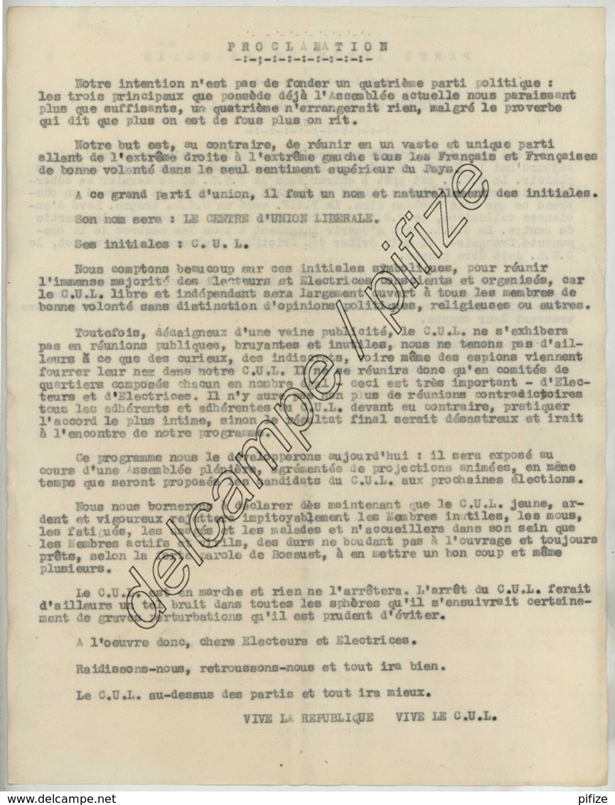 Politique . Pastiche Grivois . Profession De Foi Du Parti Du Centre D'Union Libérale (C.U.L.) Et Réponse Du P.A.F. - Non Classés