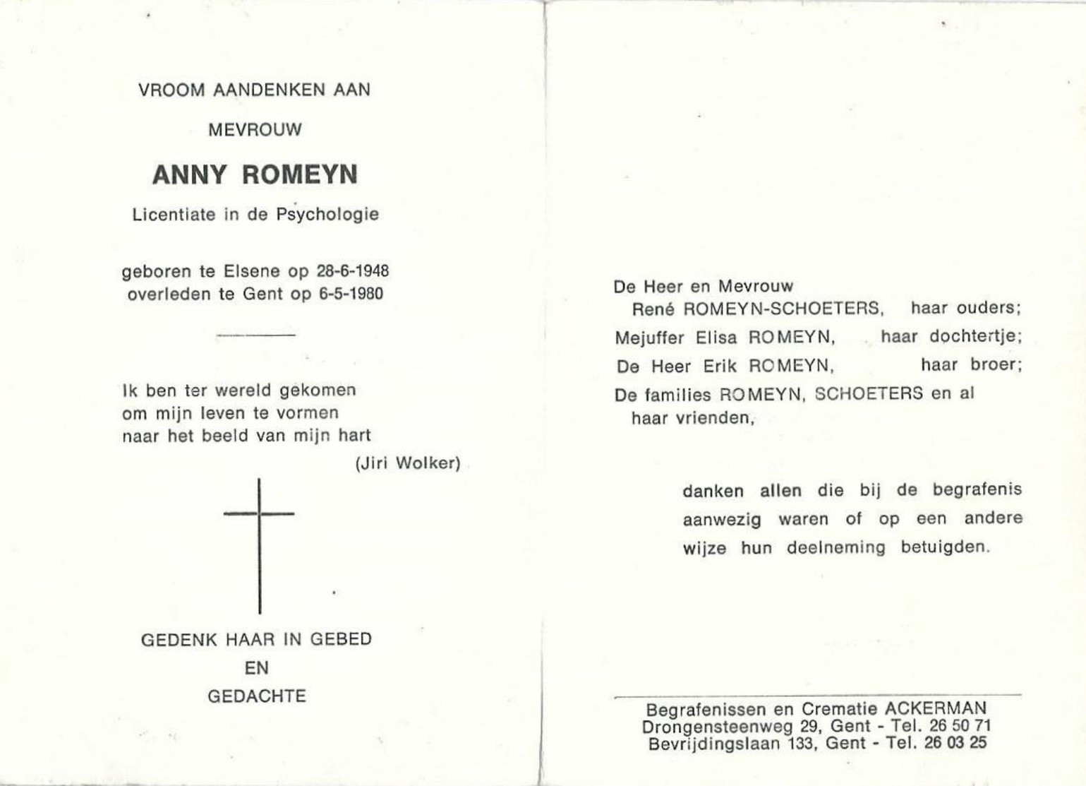 Doodsprentje Van Anny ROMEYN- 31 Jaar-  ° ELSENE 1948 + GENT 1980 - Religion & Esotérisme