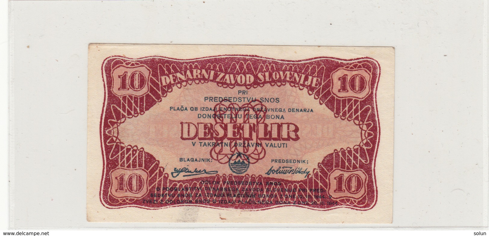 SLOVENIJA 10 LIR  DESET  LIR 1944 " PARTIZANSKI DENAR " PARTIZAN BANKNOTE - Slovenia