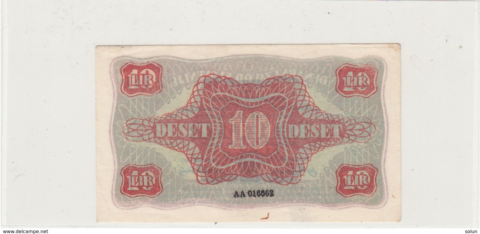 SLOVENIJA 10 LIR  DESET  LIR 1944 " PARTIZANSKI DENAR " PARTIZAN BANKNOTE - Slovenië