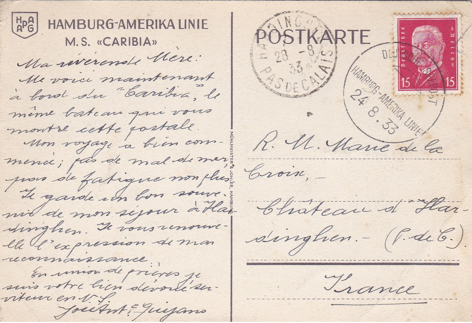 HAMBURG-AMERIKA LINE M.S. ""CARIBIA "",oblitération (( Lot 42 )) - Paquebots