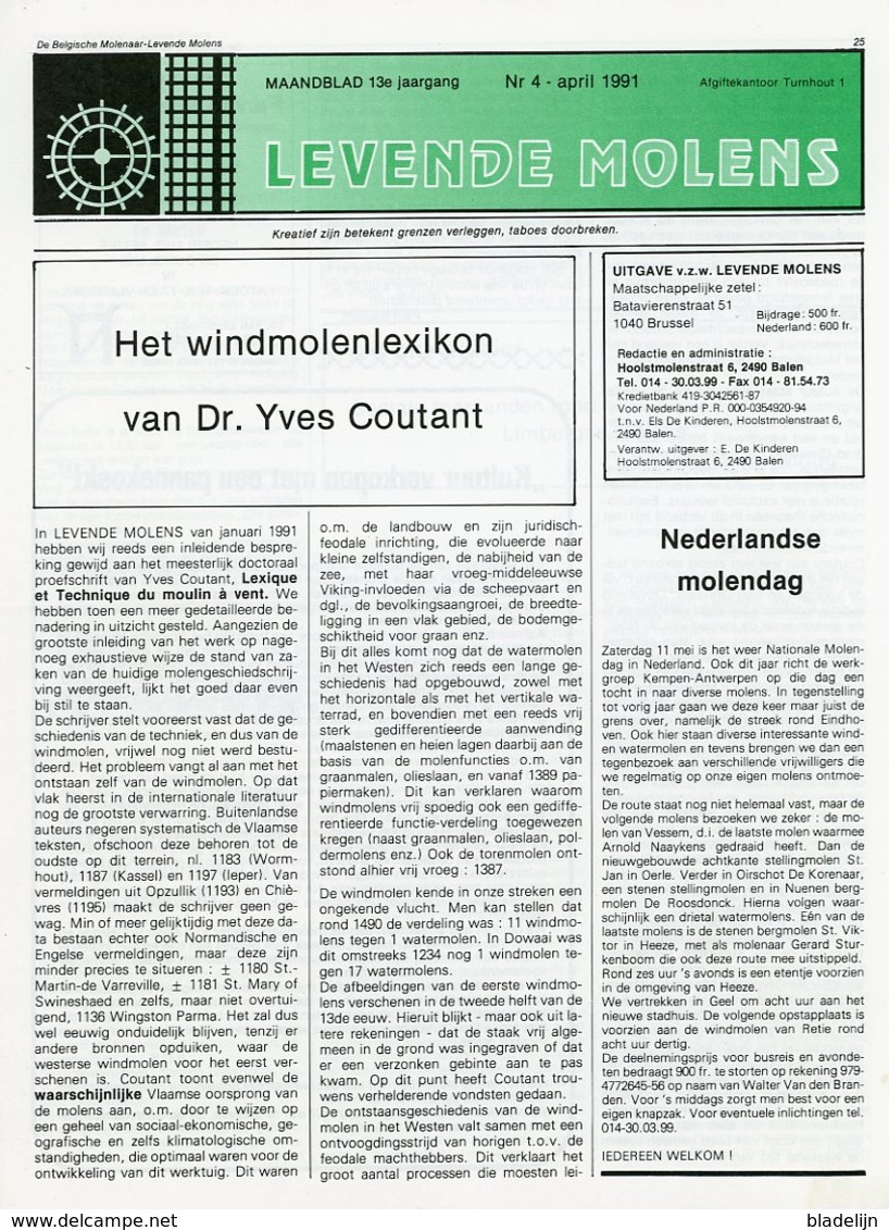 Thema: Molen, Maalderij Vlaanderen - Nummer Van LEVENDE MOLENS April 1991. Retie, Dessel (Boeretang), Pulderbos, E.a. - Autres & Non Classés