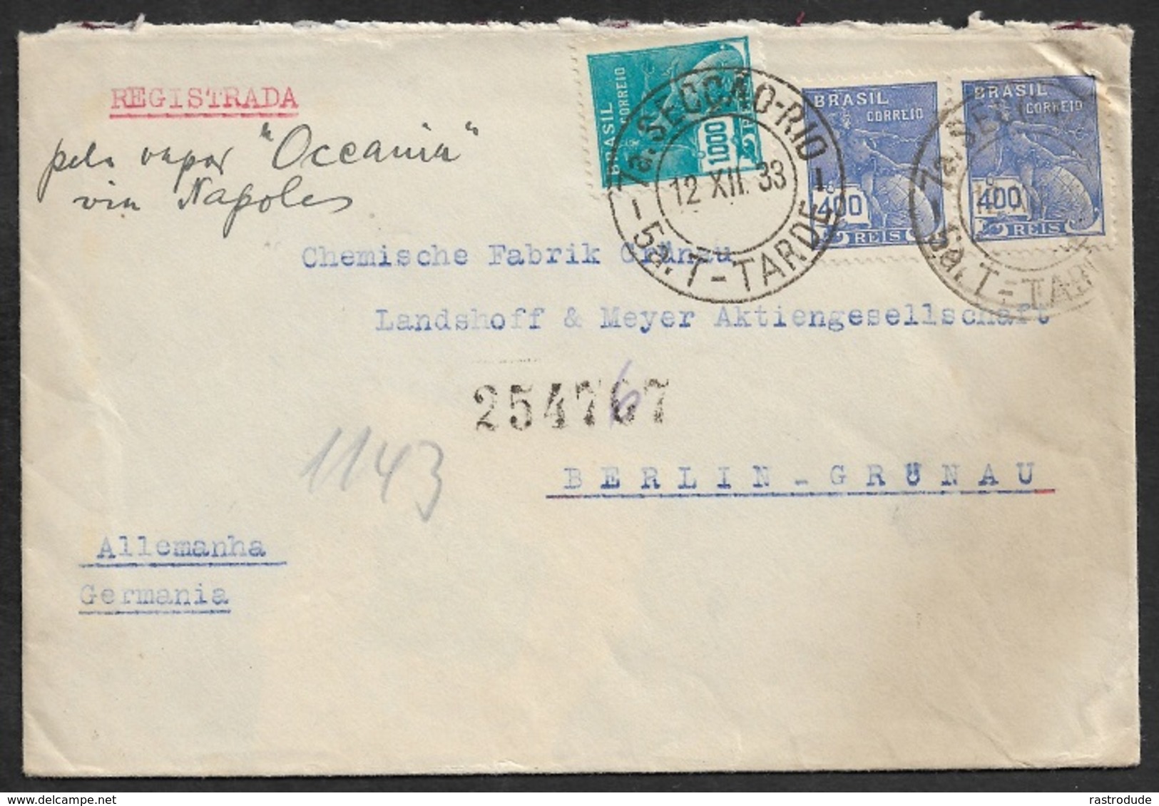 BRASIL - 1933 - SEAPOST - Registered Letter To GERMANY - Per VAPOR OCEANIA Via NAPOLES - Lettres & Documents