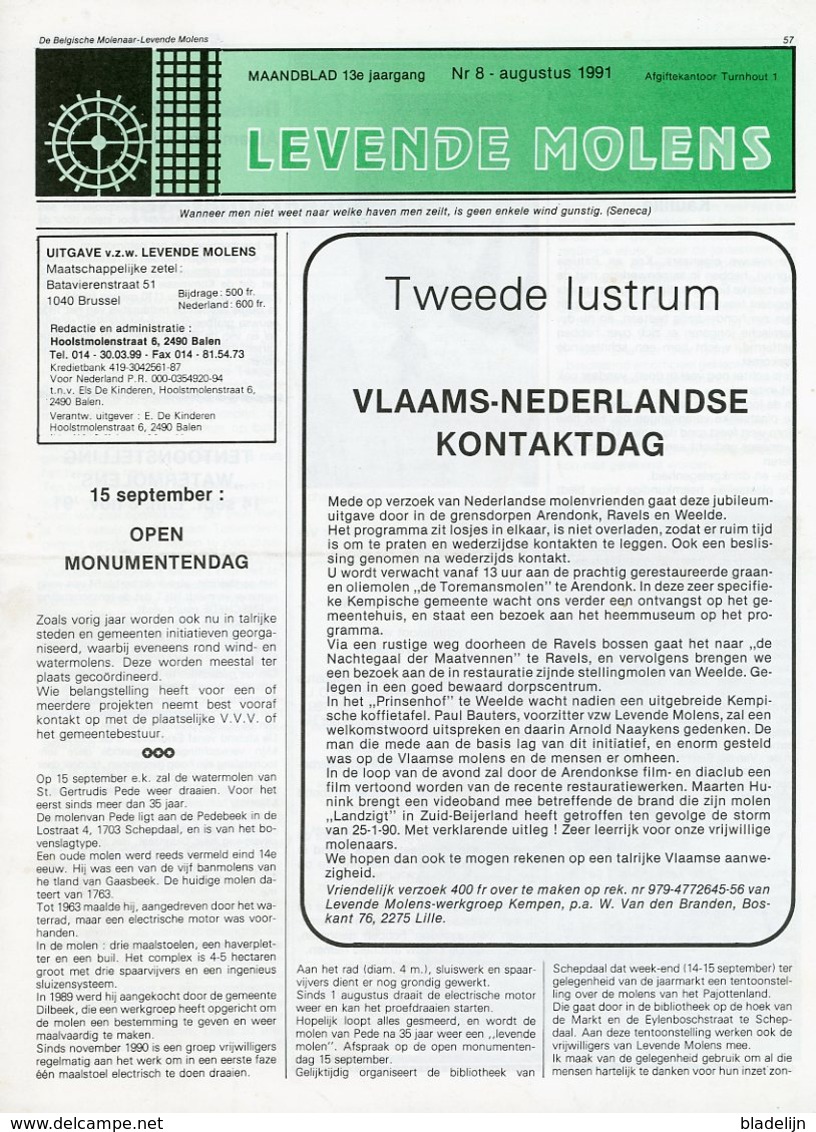 Thema: Molen, Maalderij Vlaanderen - Nummer Van LEVENDE MOLENS Augustus 1991. Tessenderlo, Wulveringem, Oerle E.a. - Autres & Non Classés