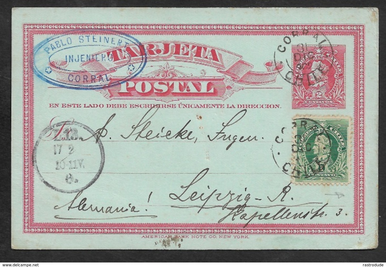 1902 - CHILE - SEAPOST - Uprated 2c PSC - CDS CORRAL 31 DIC To GERMANY - SIGNED BY THE CAPTAIN Of The S.S FORTUNA - Chili