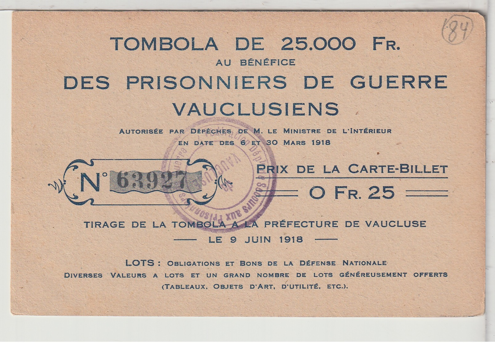 THEMES - Tombola Au Bénéfice Des Prisonniers Guerre Vauclusiens - Autres & Non Classés