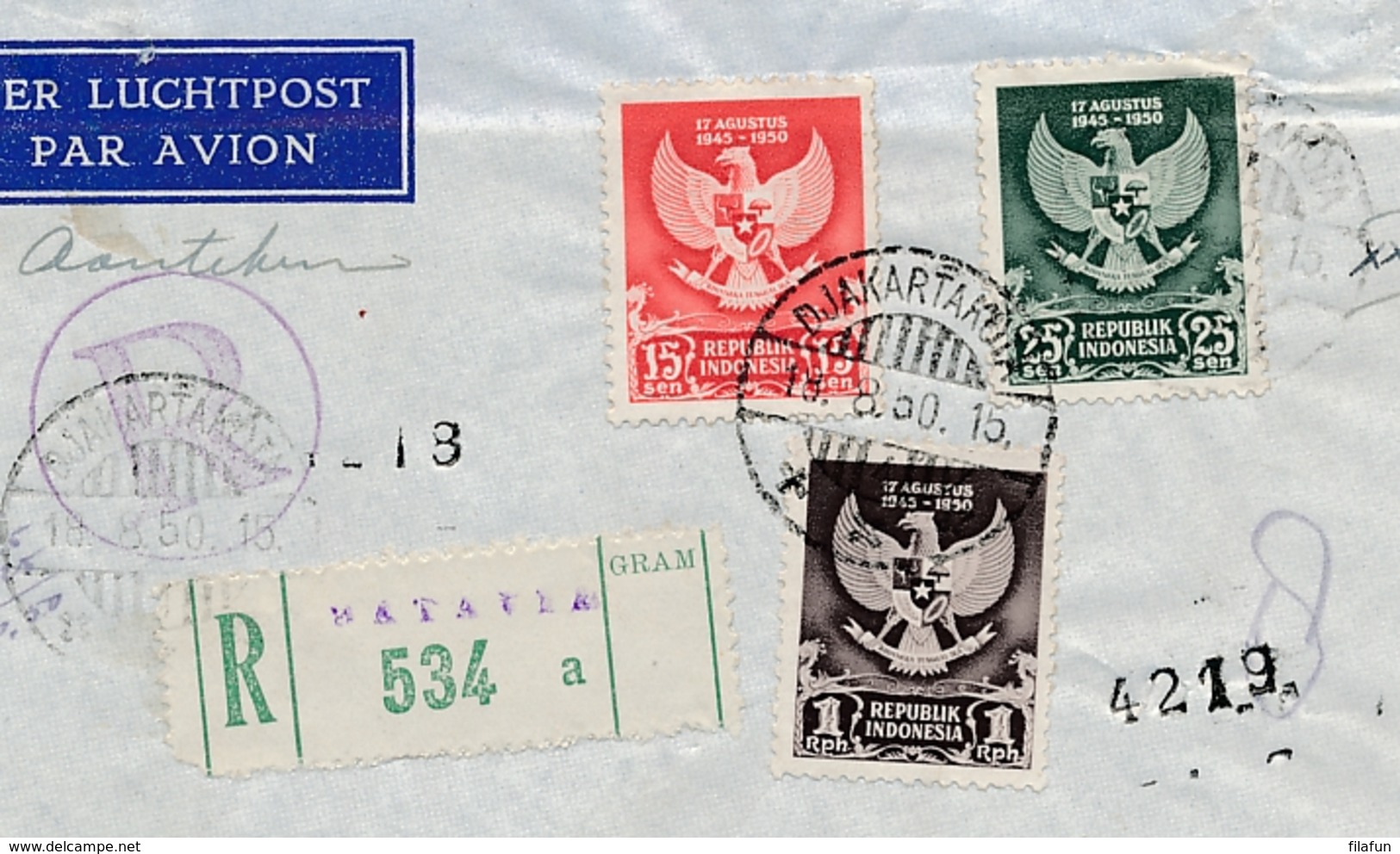 Indonesia - 1950 - Lambang Negara Serie Op R-cover Van Djakartakota/4 Naar Amsterdam - Indonesië