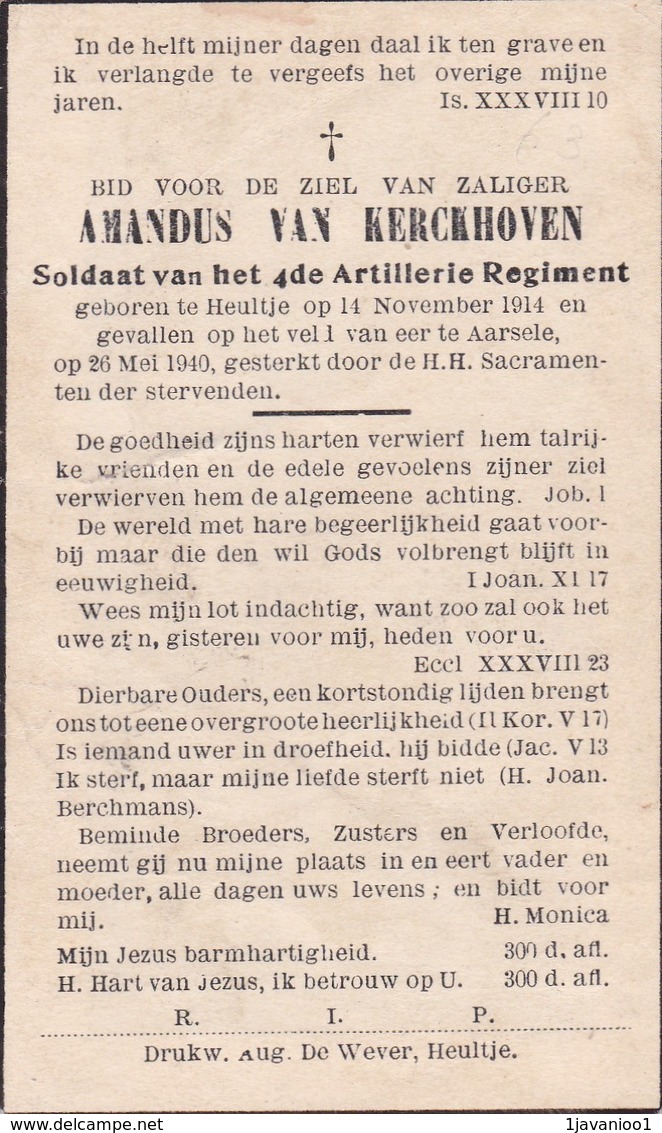 Oorlogsslachtoffer, 1940, Gesneuveld, Soldaat, Amandus Van Kerckhoven, Heultje, Aarsele - Imágenes Religiosas