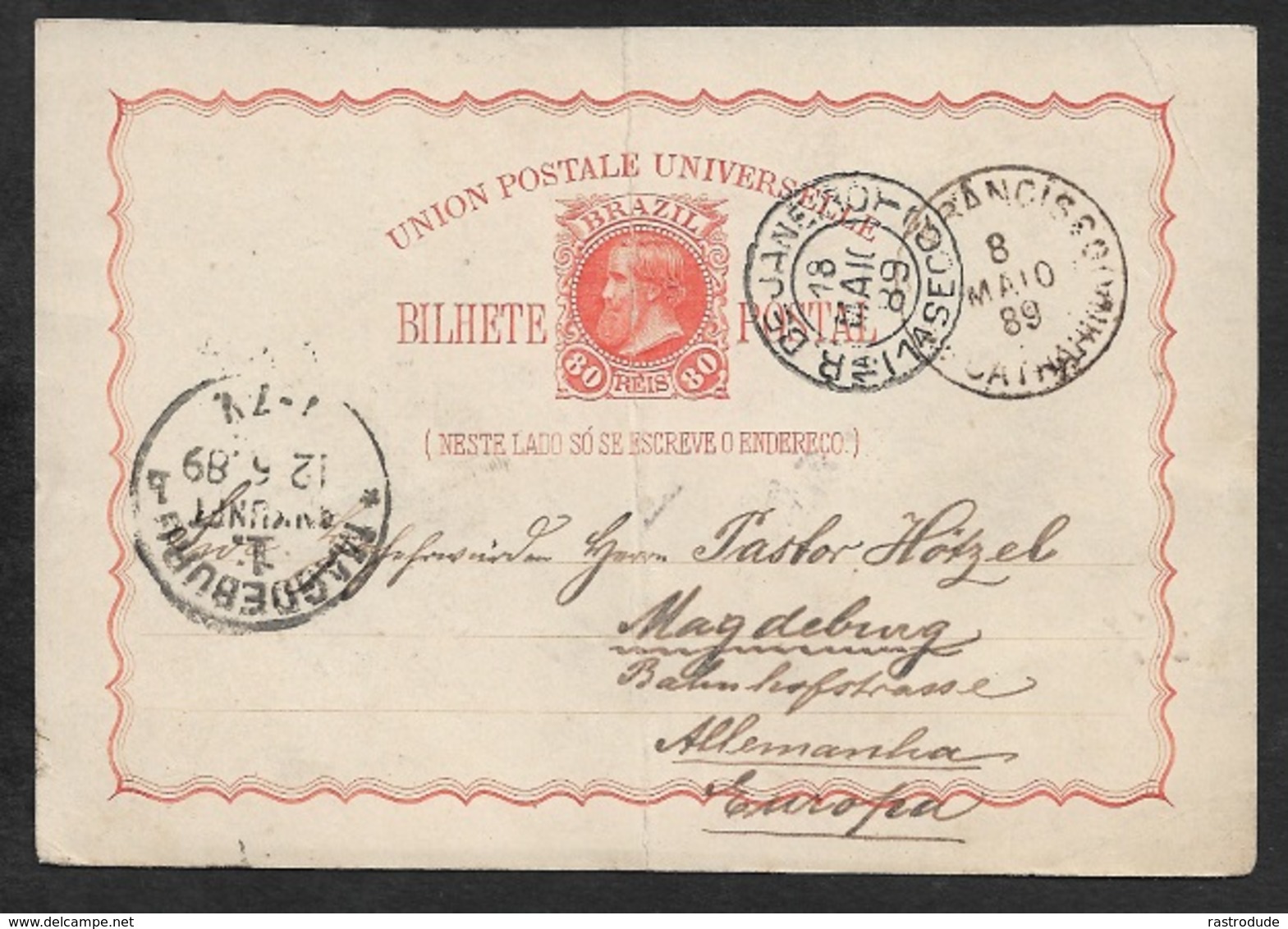 1889 - BRASIL - 80R PSC -Sao Francisco (River) Over Rio De Janeiro To Germany, Magdeburg - Lettres & Documents