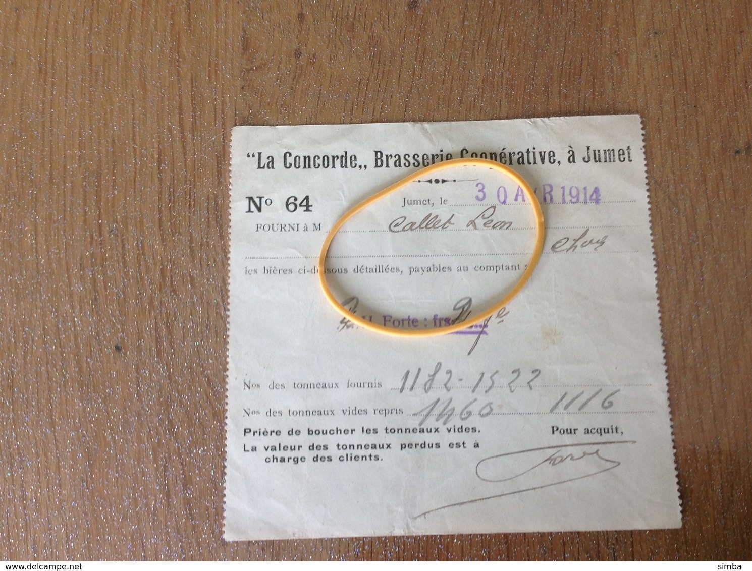 Jumet Brasserie  La Concorde Document Original 1914 - 1900 – 1949