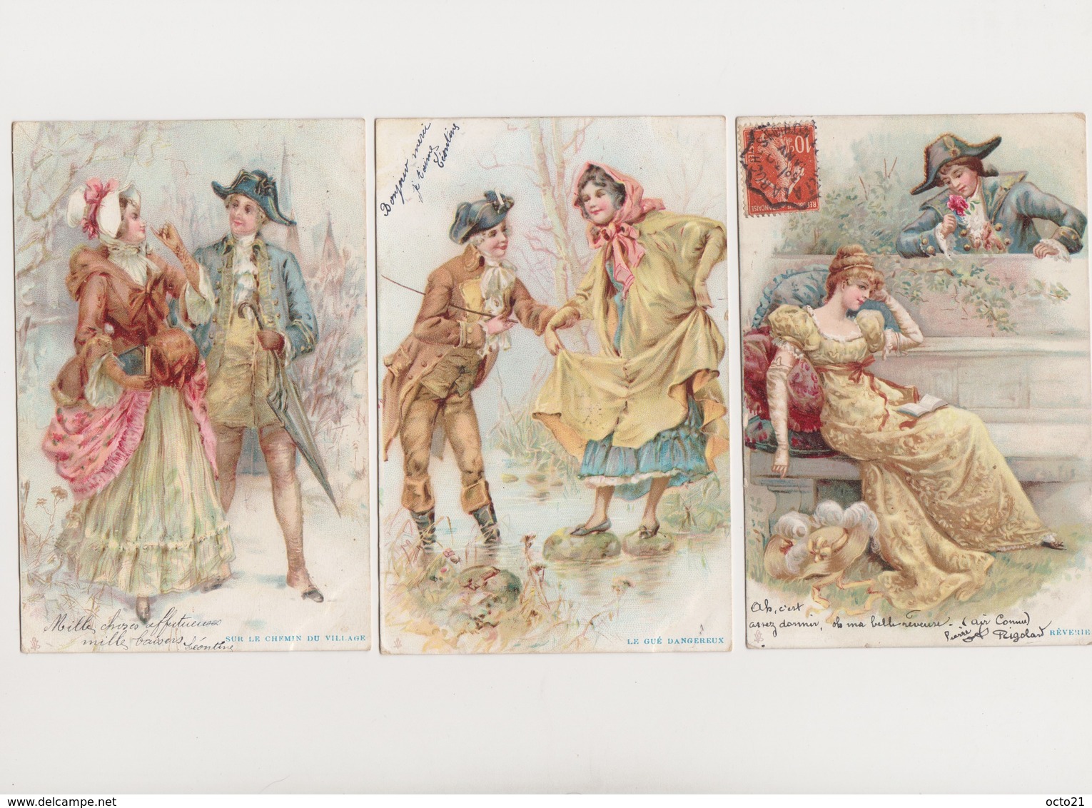 4 Cartes Fantaisie  / Sur Le Chemin Du Village / Rêverie /Le Gué Dangereux/ Fête Printanière - Couples