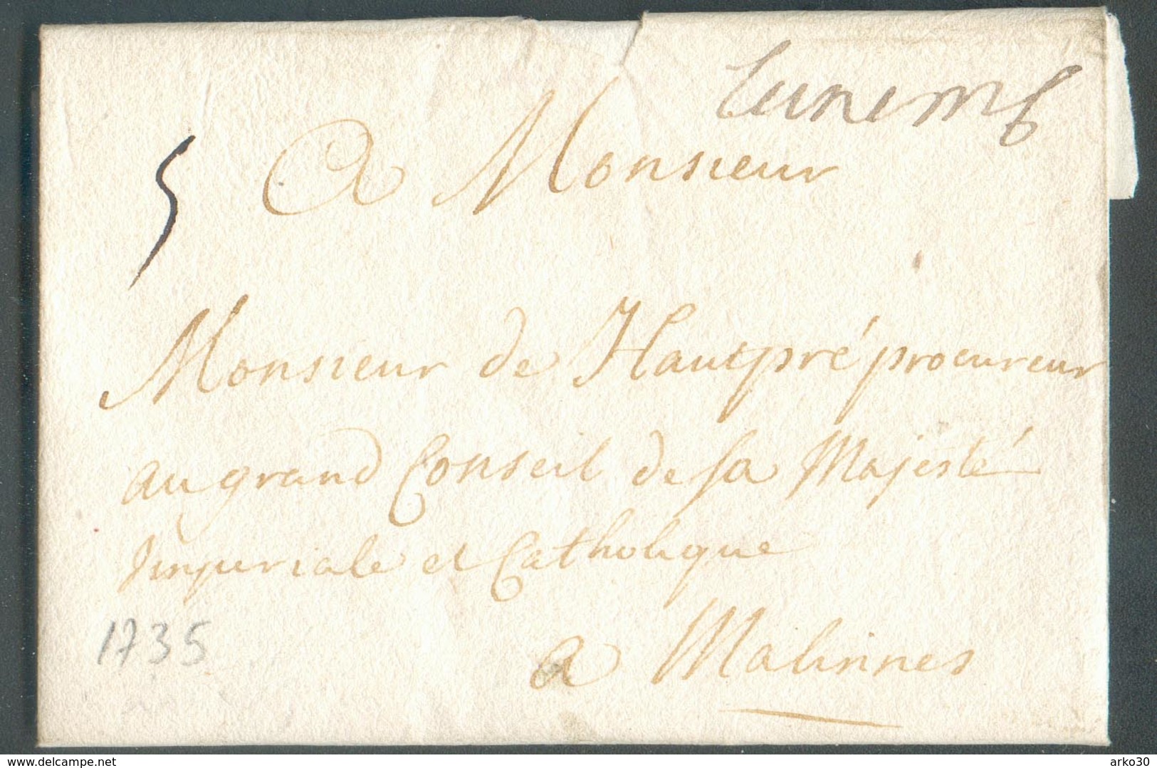 LAC De (manuscrit) Luxemb. (Luxembourg) Le 15/01/1735 Vers Malines; Port '5' - Belle Fraîcheur  - 14446 - ...-1852 Préphilatélie