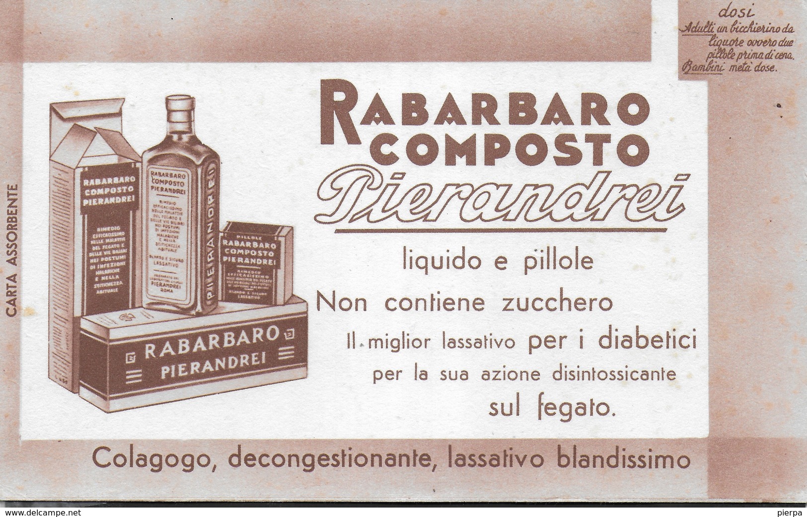 PUBBLICITA' FARMACO RABARBARO COMPOSTO PIERANDREI  SU CARTA ASSORBENTE NUOVA - 21,50X13 - F