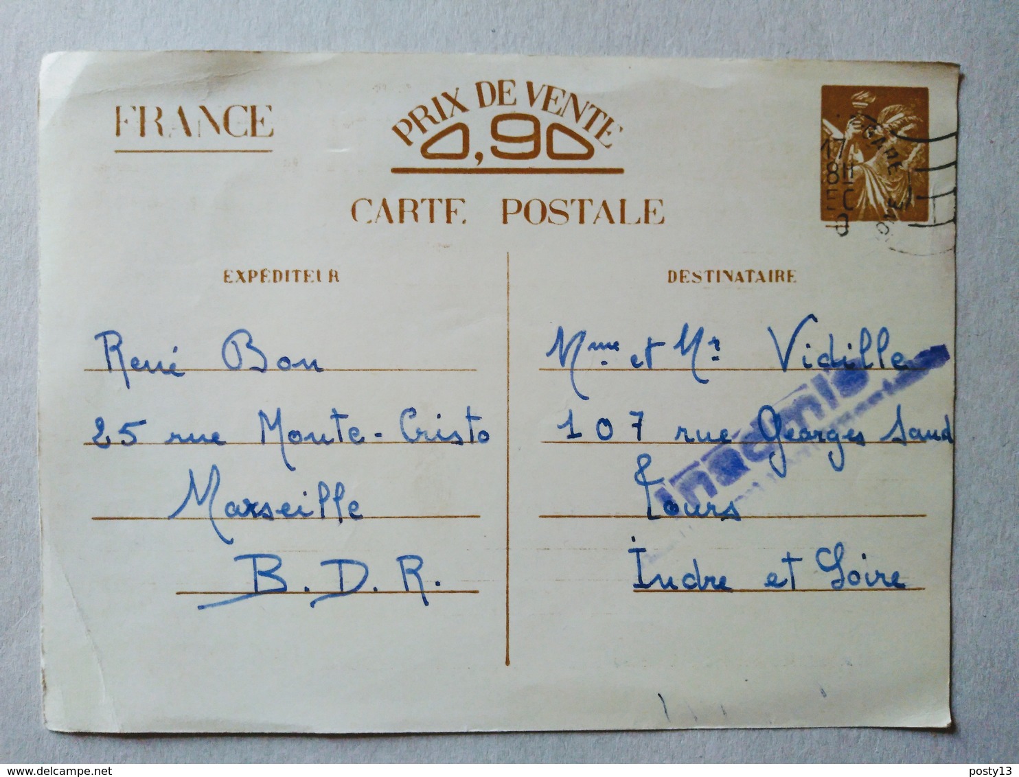 France- Entier Postal IRIS 1940 - Indre-et-Loire- Marseille - Cachet Inadmis. BE - Guerre De 1939-45