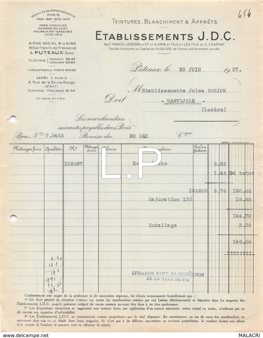 4-0818    Facture  1937  ETAB J.D.C A PUTEAUX - JULES ROUJON A MERVEJOLS LOZERE - 1900 – 1949