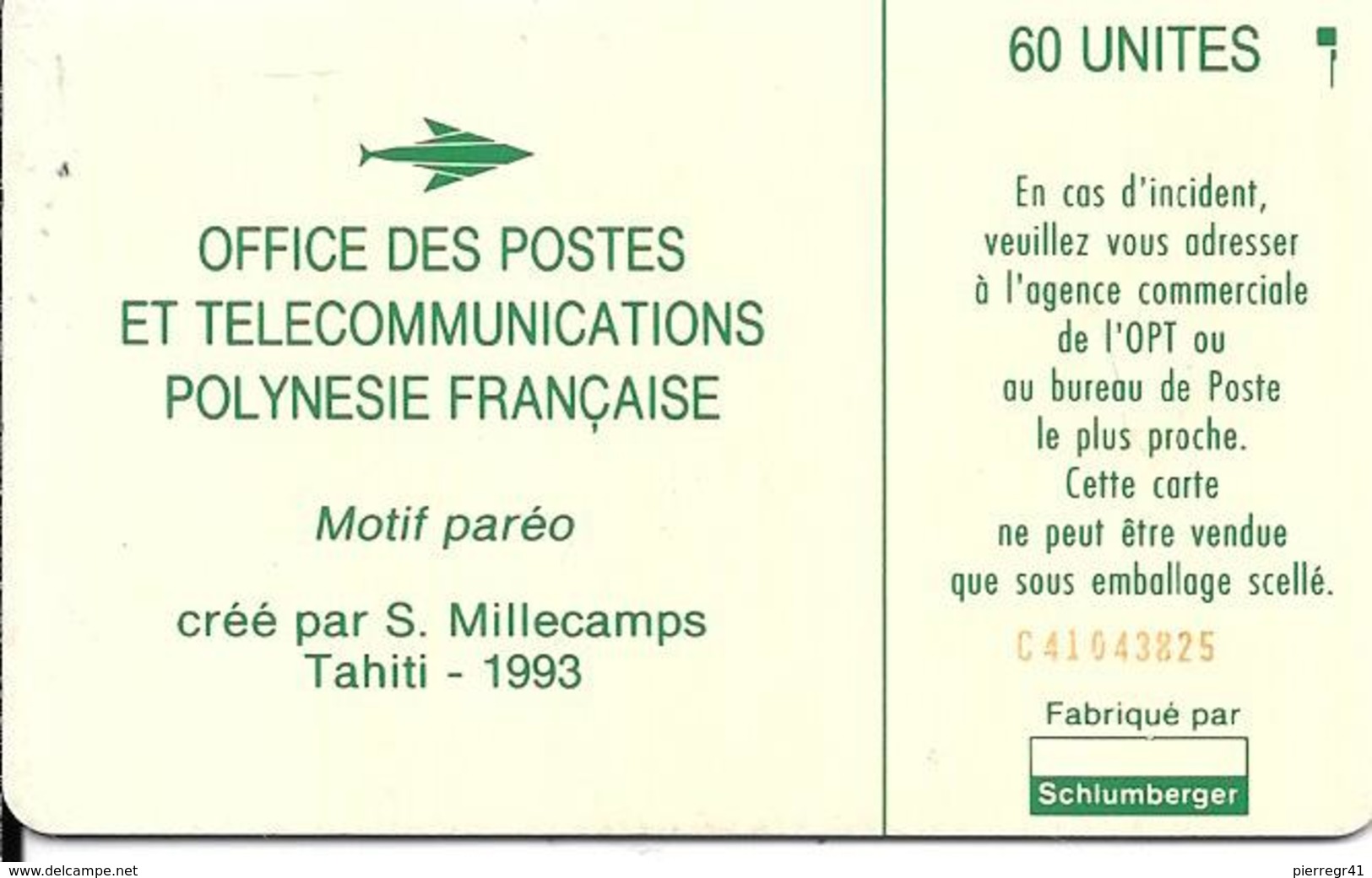 CARTE-PUCE-POLYNESIE-PF18b-60U-SC5-S/Entourage-PAREO VERT Brillant-9 N° RougeN°C41043825-TBE- - Polynésie Française