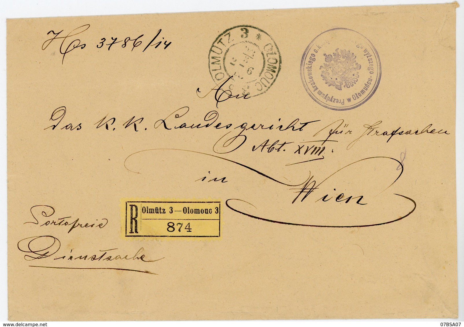 AUTRICHE ENV 1893 OLMUTZ OLOMOUC LETTRE RECOMMANDEE ETIQUETTE FRANCHISE - Storia Postale