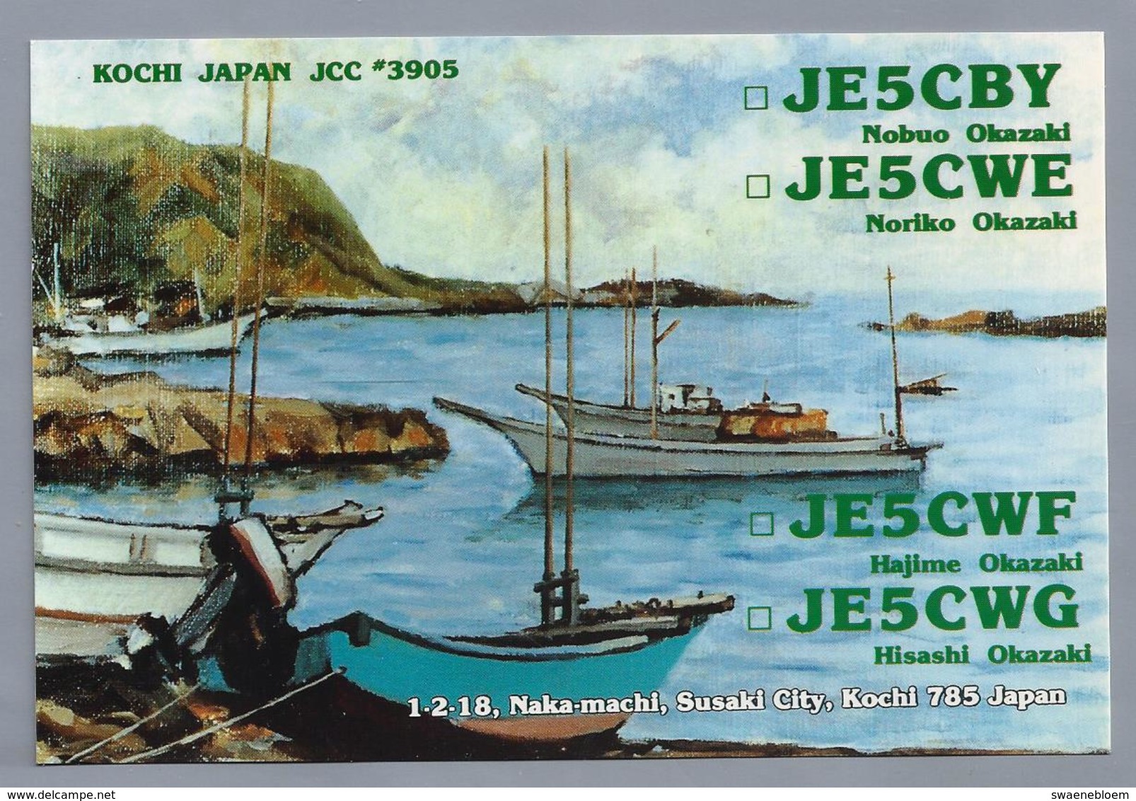 JP.- QSL KAART. CARD. JAPAN. JE5CBY. Nubuo Okazaki. 1-2-18, Naka-machi, Susaki City, Kochi 785 - Radio-amateur