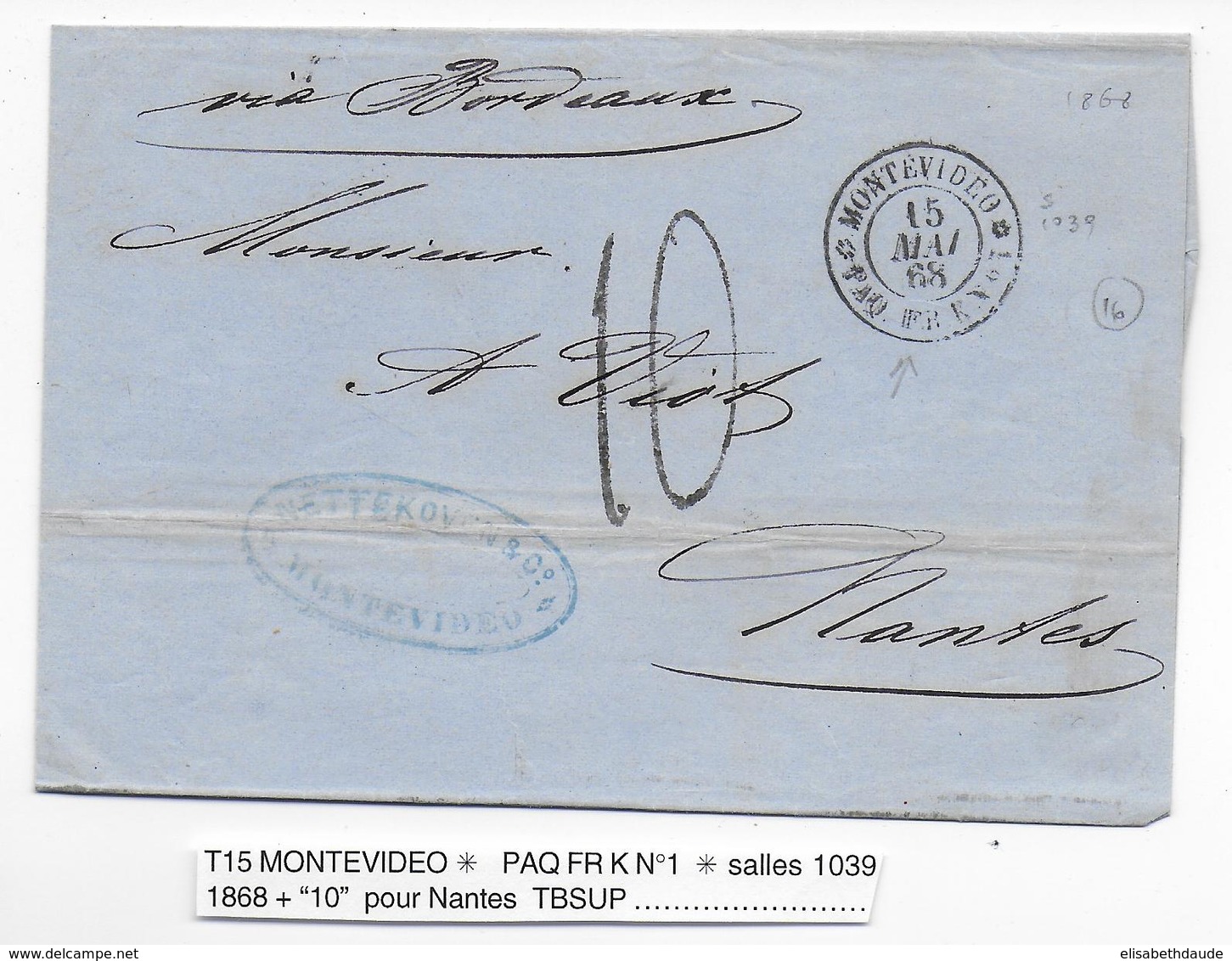 URUGUAY - 1868 - LETTRE SC De MONTEVIDEO => NANTES Avec AGENCE FRANCAISE PAQ FR K N°1 - MARITIME - 1849-1876: Période Classique