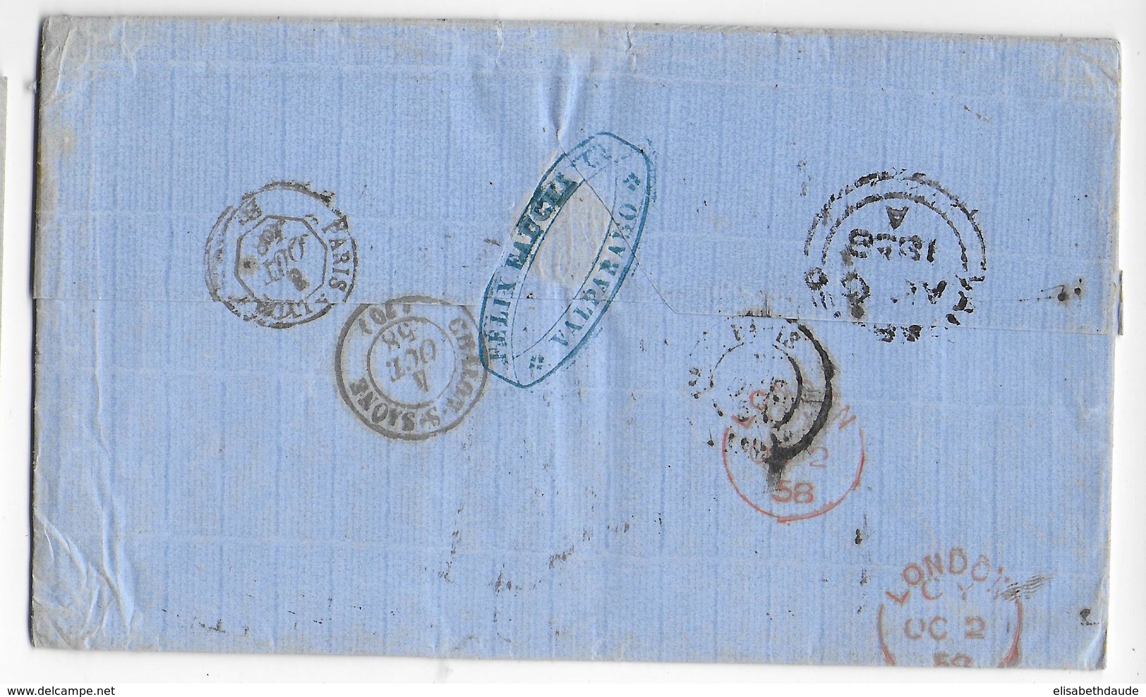 CHILI - 1858 - LETTRE De VALPARAISO => CHALON / SAONE DOUBLE TAXE Par VOIE MARITIME ANGLAISE - ENTREE AMBULANT CALAIS K - 1849-1876: Période Classique