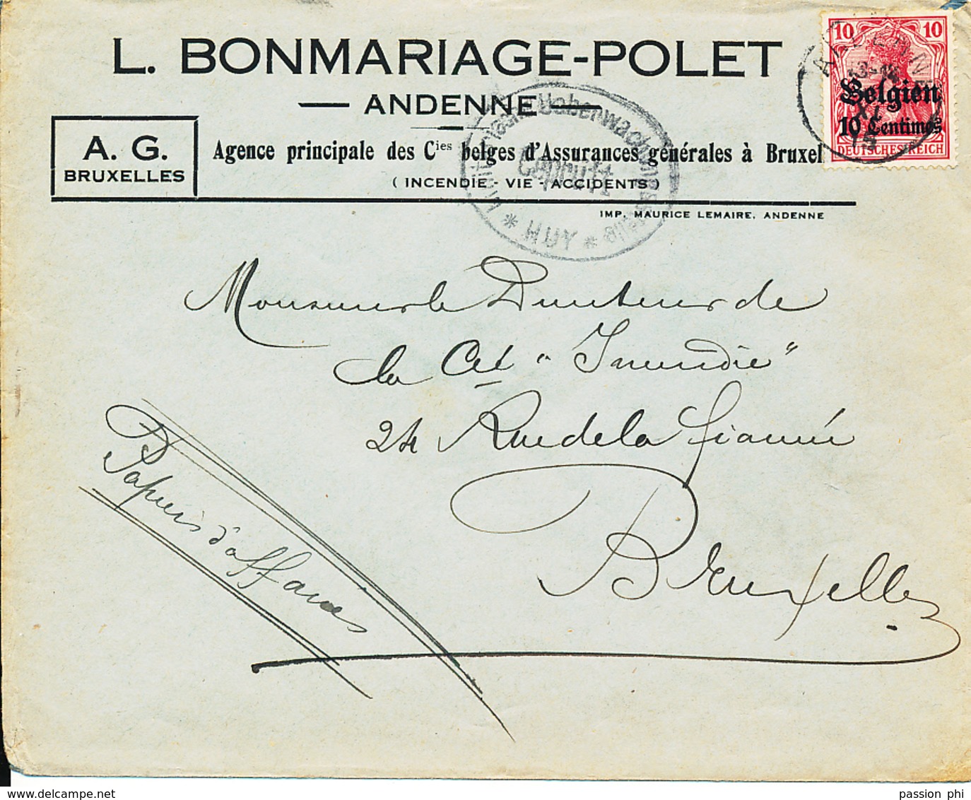 BELGIUM WW1 COVER FROM ANDENNE 1915 TO BRUSSELS - OC1/25 General Government