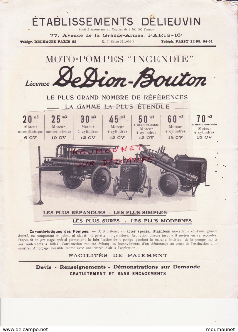 Etablissement Delieuvin. Moto-pompes "Incendie" Licence De Dion-Bouton - Other & Unclassified