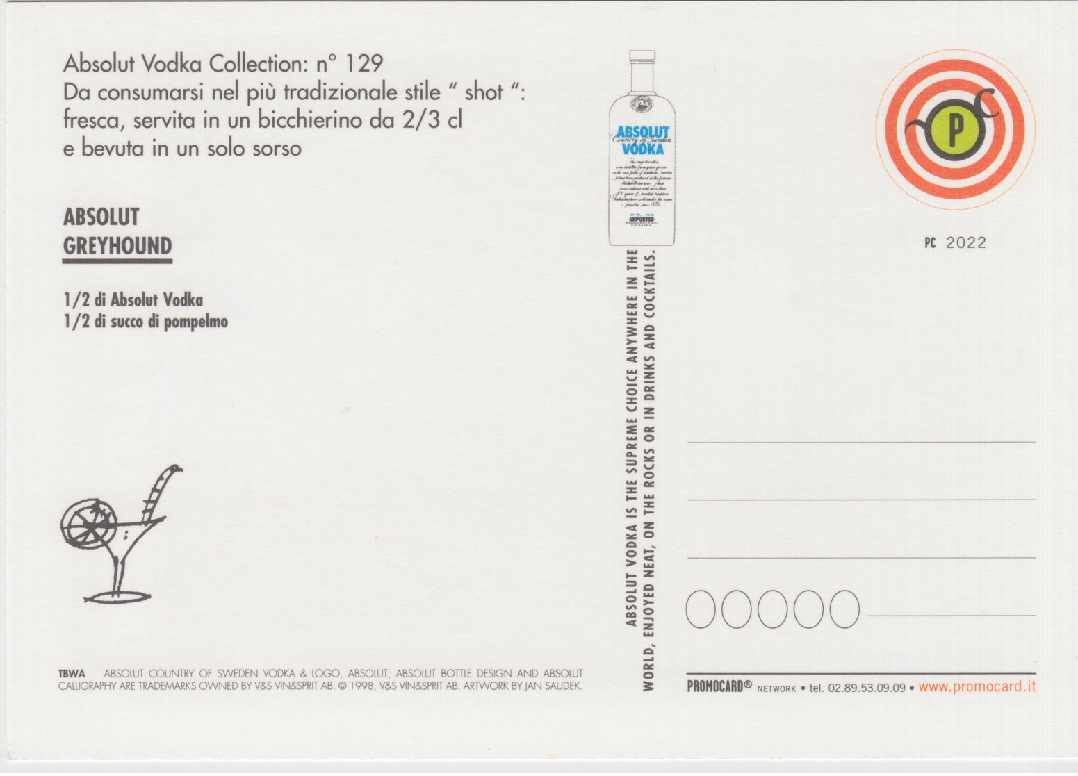 CARTOLINA - SERIE ABSOLUT VODKA COLLECTION N° 129 - PROMOCARD 2022  - "ABSOLUT SAUDEK" - Pubblicitari