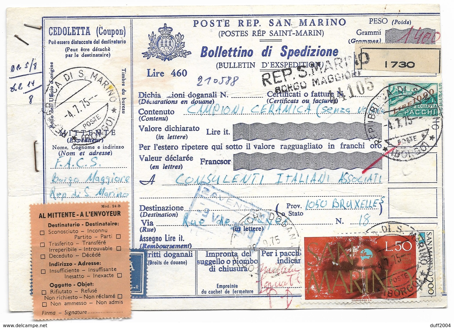 SAN MARINO - DA SAN MARINO A BRUXELLES - 4.7.1975 - VIA AEREA - RESTITUITO AL MITTENTE. - Entiers Postaux