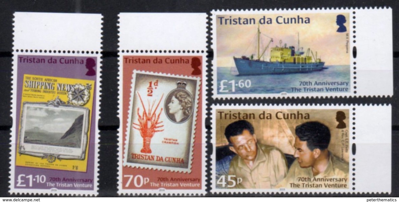 TRISTAN DA CUNHA , 2018, MNH, 70th ANNIVERSARY OF THE TRISTAN VENTURE, SHIPS, STAMP ON STAMP, CRAYFISH, CRUSTACEANS,4v - Ships