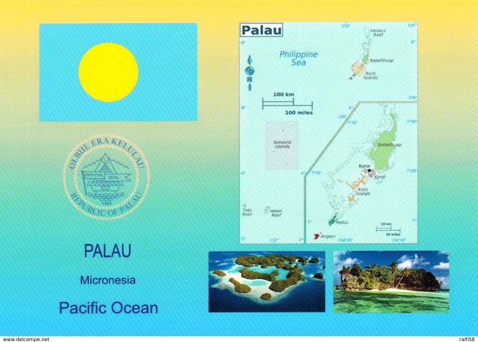 1 AK Palau * Flagge, Wappen, Landkarte Und 2 Ansichten Von Palau * - Palau