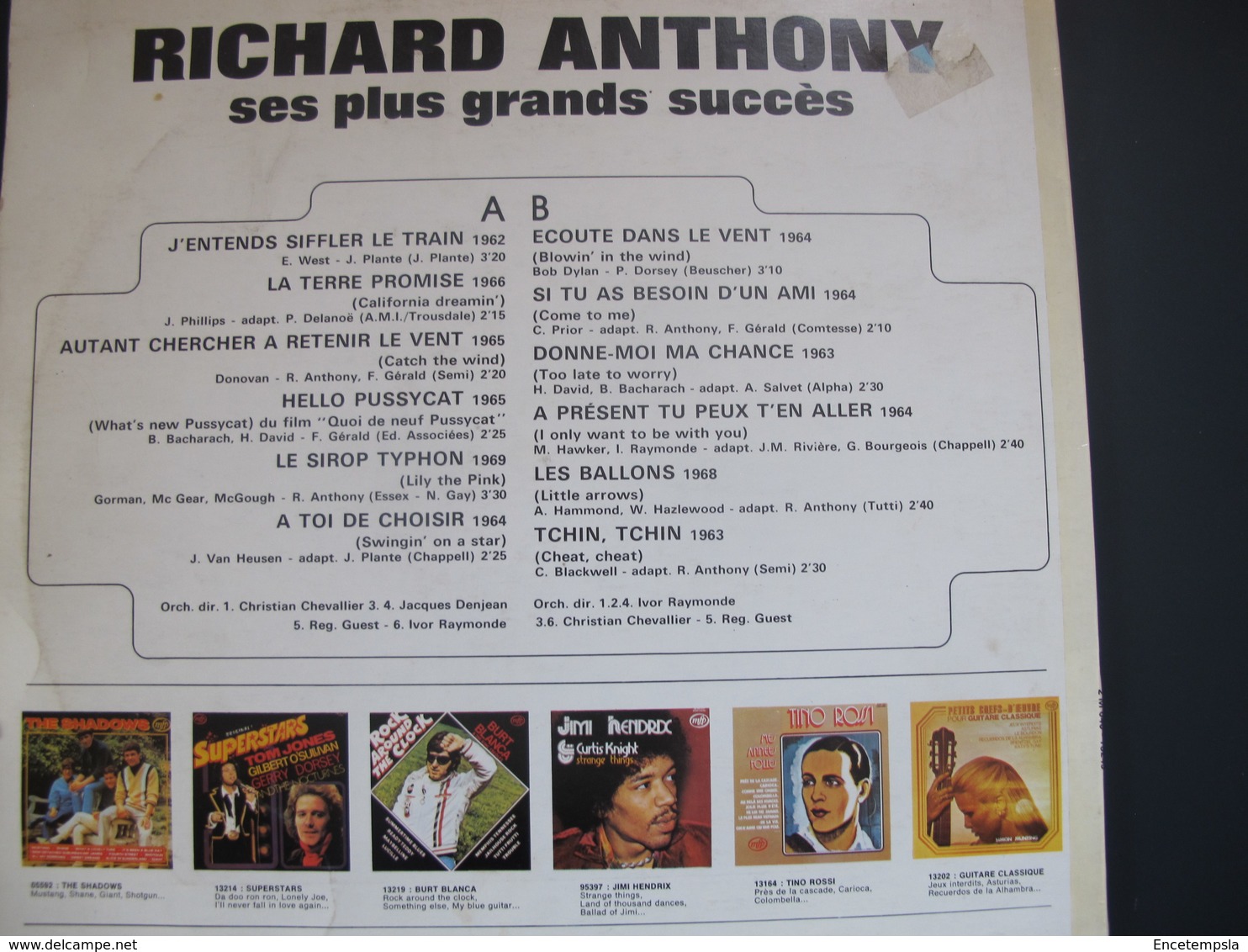 Lot De Cinq Disques 33 Tours 30 Cm-Richard Anthony-Sunlights-Hervé Vilard-Claude François-Adamo - Autres - Musique Française