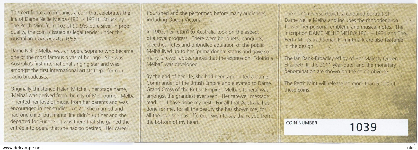 Australia 2011 1 AUD, Dame Nellie Melba, 1oz Silver PROOF Coin, 31,135 G, Diametr 40,60 Mm, Opera Music Musique Soprano - Münz- Und Jahressets