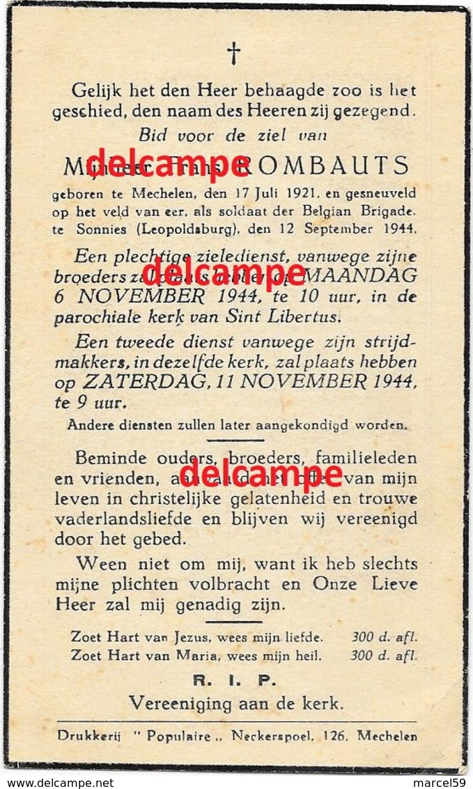 Oorlog Guerre Frans Rombauts Mechelen SOLDAAT Brigade Piron Liberation Gesneuveld Leopoldsburg September1944 - Devotieprenten