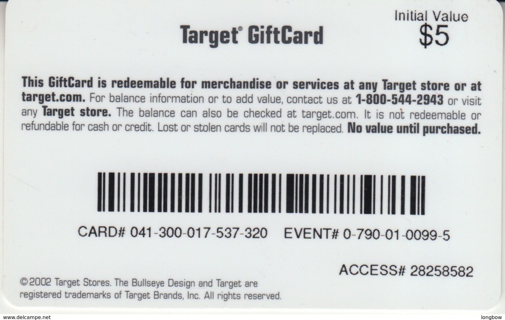 Gift Card U.S.A. Target 2002 Bow $5 - Gift Cards