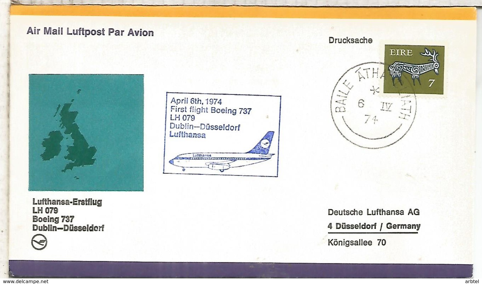 IRLANDA CC PRIMER VUELO LUFTHANSA 1974 DUBLIN DUSSELDORF BOEING 737 - Luftpost