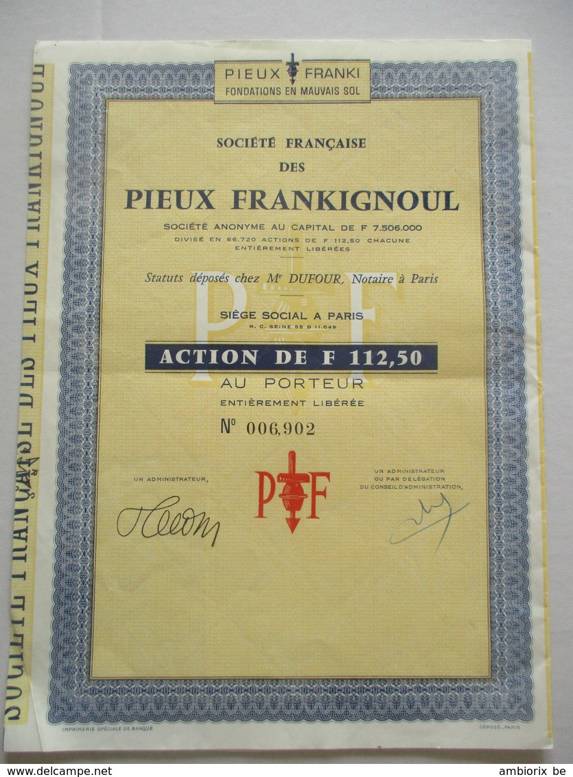 Société Française Des PIEUX FRANKIGNOUL - Action De F 112.50 - Industrie