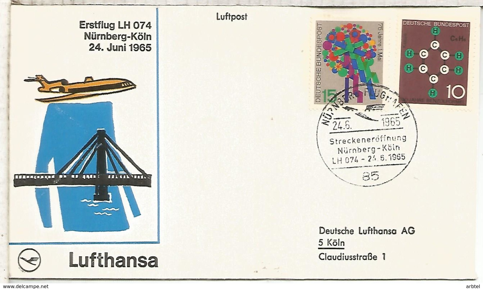 ALEMANIA CC PRIMER VUELO LUFTHANSA NURNBERG KOLN 1965 - Cartas & Documentos