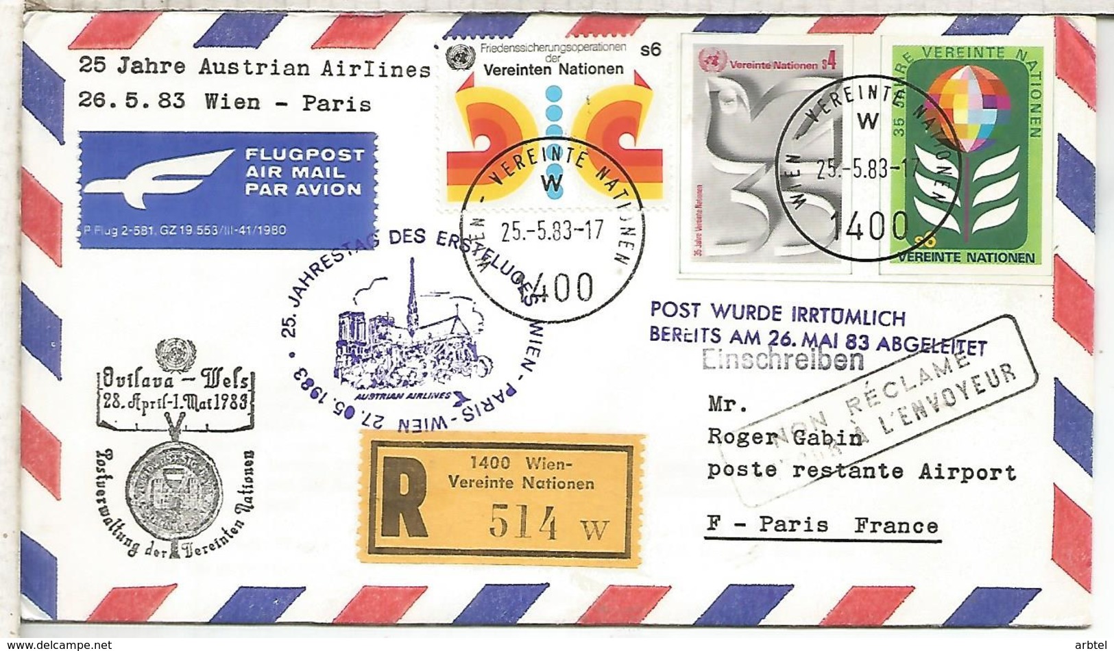 NACIONES UNIDAS WIEN CC CERTIFICADA VUELO WIEN PARIS  1983 AUSTRIAN AIRLINES - Otros & Sin Clasificación