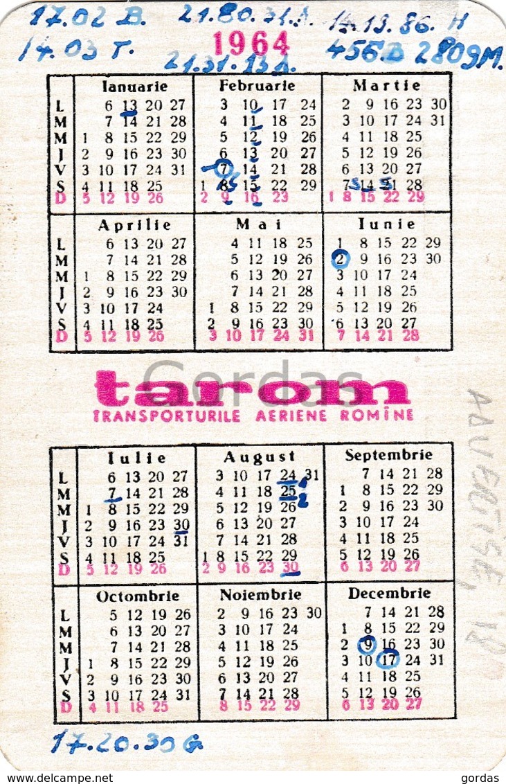 Romania - Tarom - Calendar - Advertise - Reclama 1964 - 60x95mm - Romania