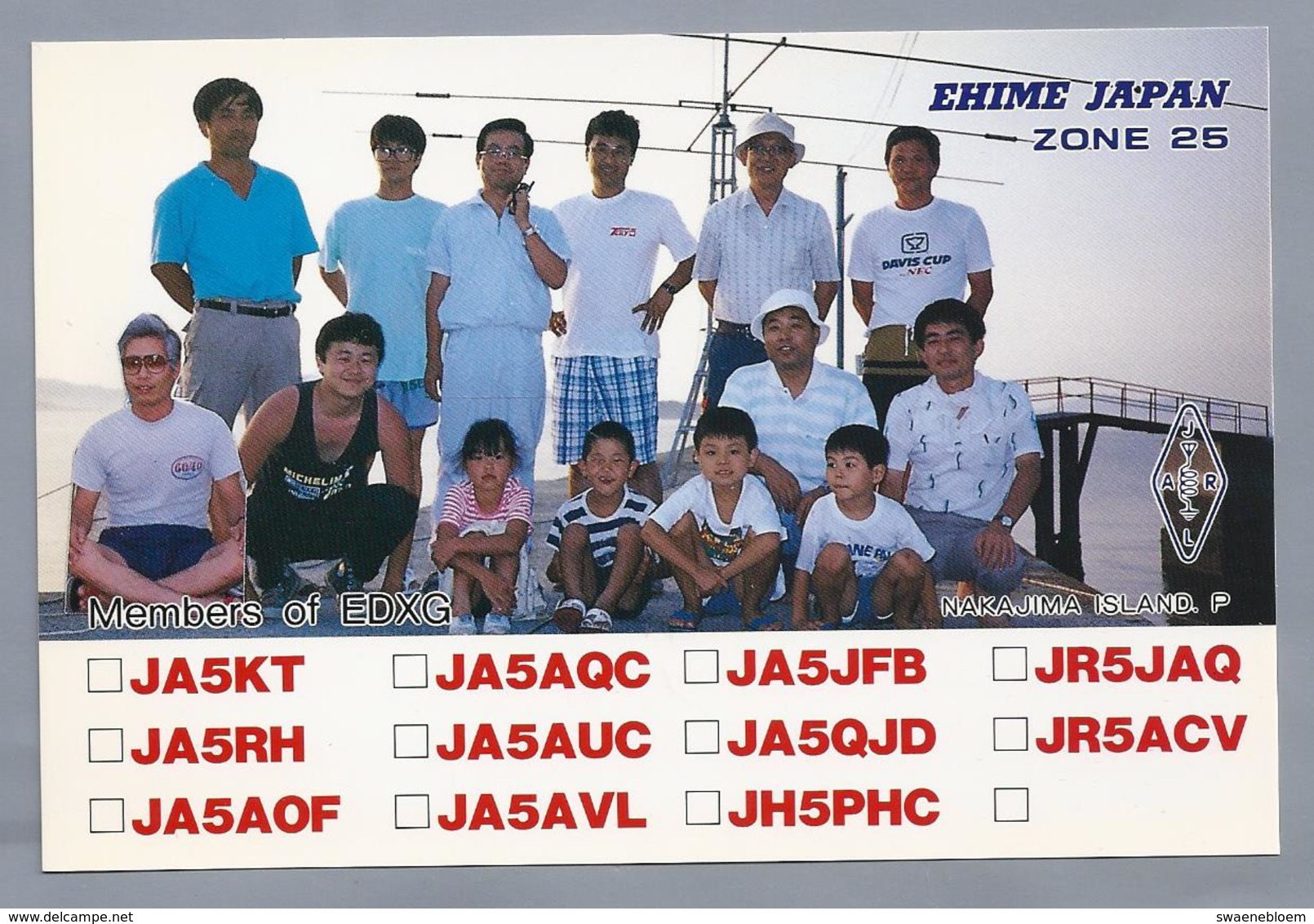 JP.- QSL KAART. CARD. JAPAN. EHIME JAPAN. Members Of EDXG. NAKAJIMA ISLAND. P.. JA5KT, JA5RH, JA5AOF, JA5AQC, JA5AUC, - Radio-amateur