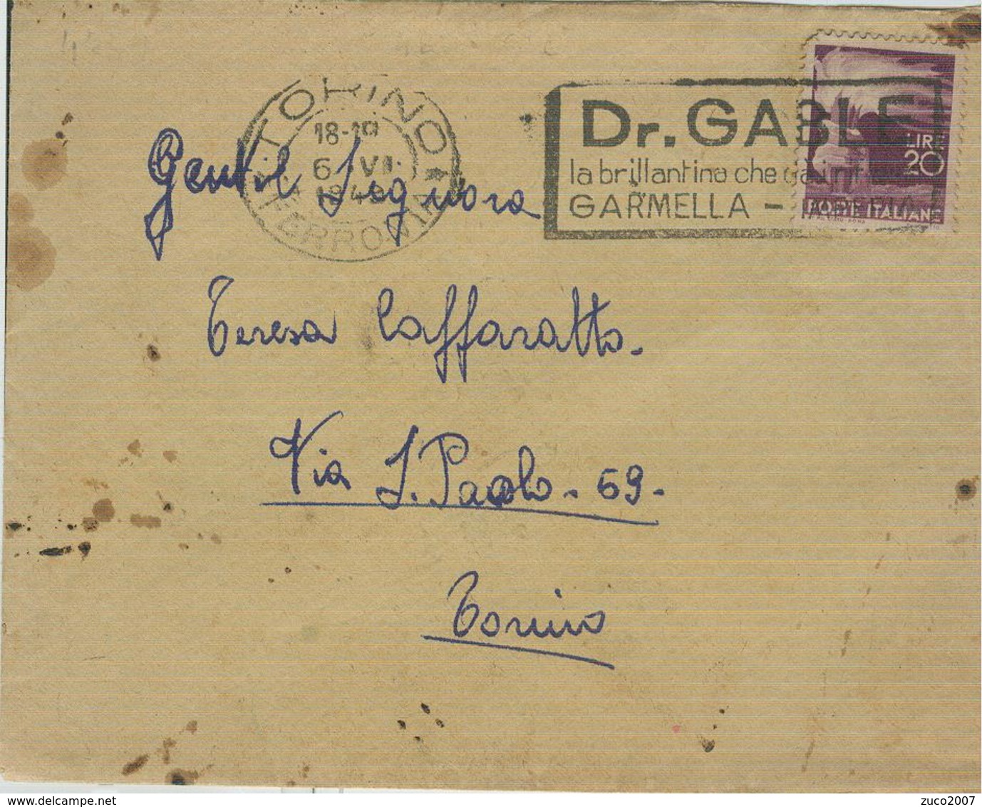 "DR.GABLE-la Brillantina Che Da I Riflessi- GARMELLA IMPERIA" TIMBRO POSTE TORINO TARGHETTA,1949, - 1946-60: Storia Postale