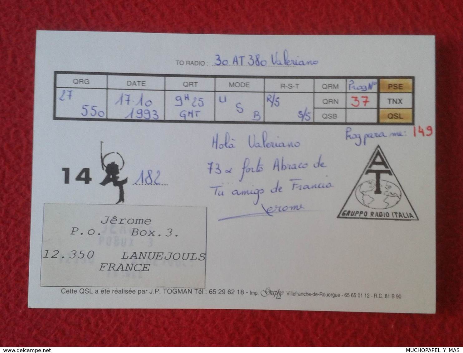 POSTAL POST CARD QSL RADIOAFICIONADOS RADIO AMATEUR GRUPPO ALFA TANGO ITALIA FRANCE AVEYRON FOOD CHEESE FROMAGE WINE.... - Otros & Sin Clasificación