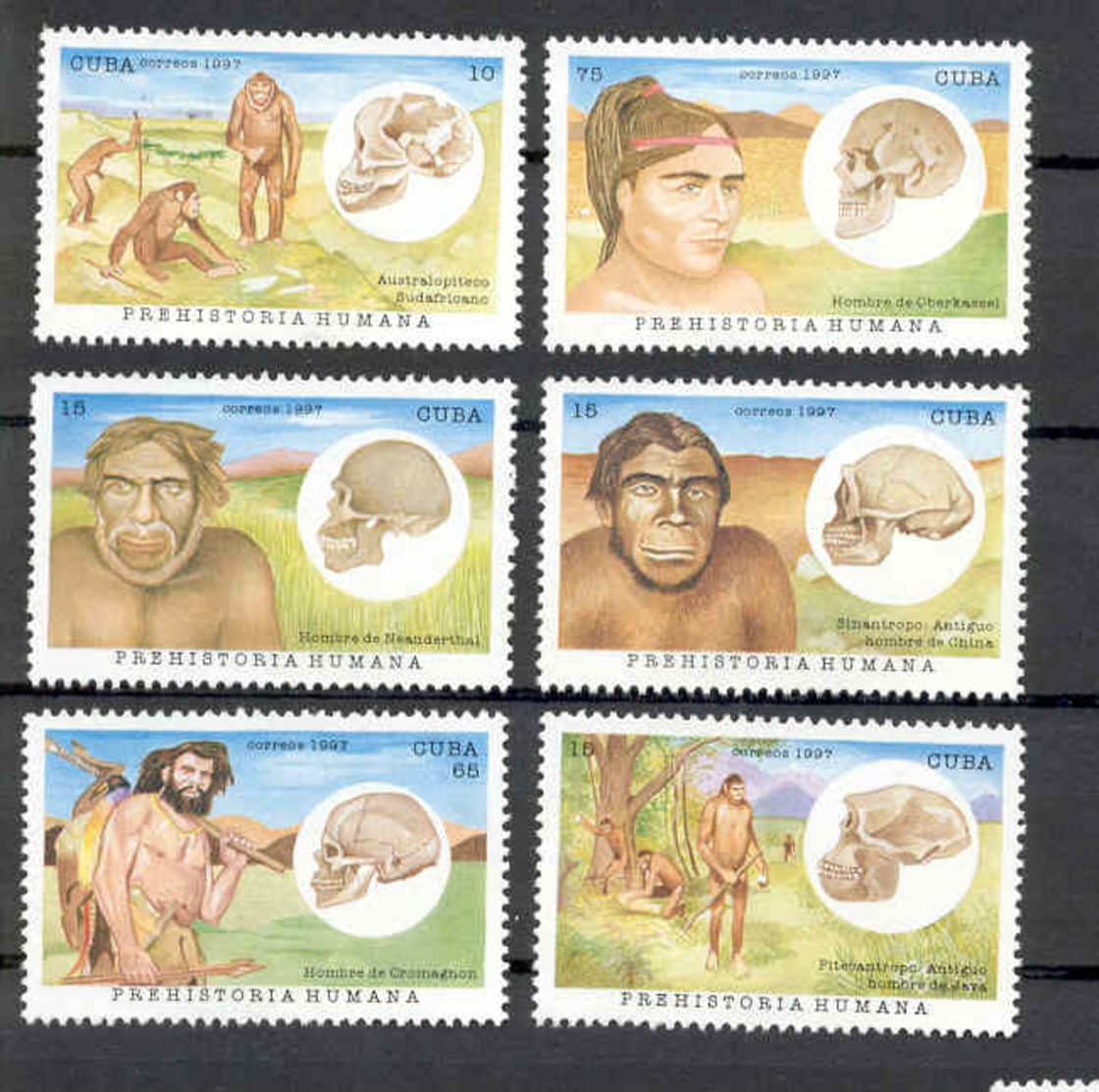 Cuba 1997 Hominids, Australopithecus, Java, Peking, Neanderthal, Cro-Magnon, Oberkassel. MNH Scott 3877-3882 Value $3.95 - Prehistóricos