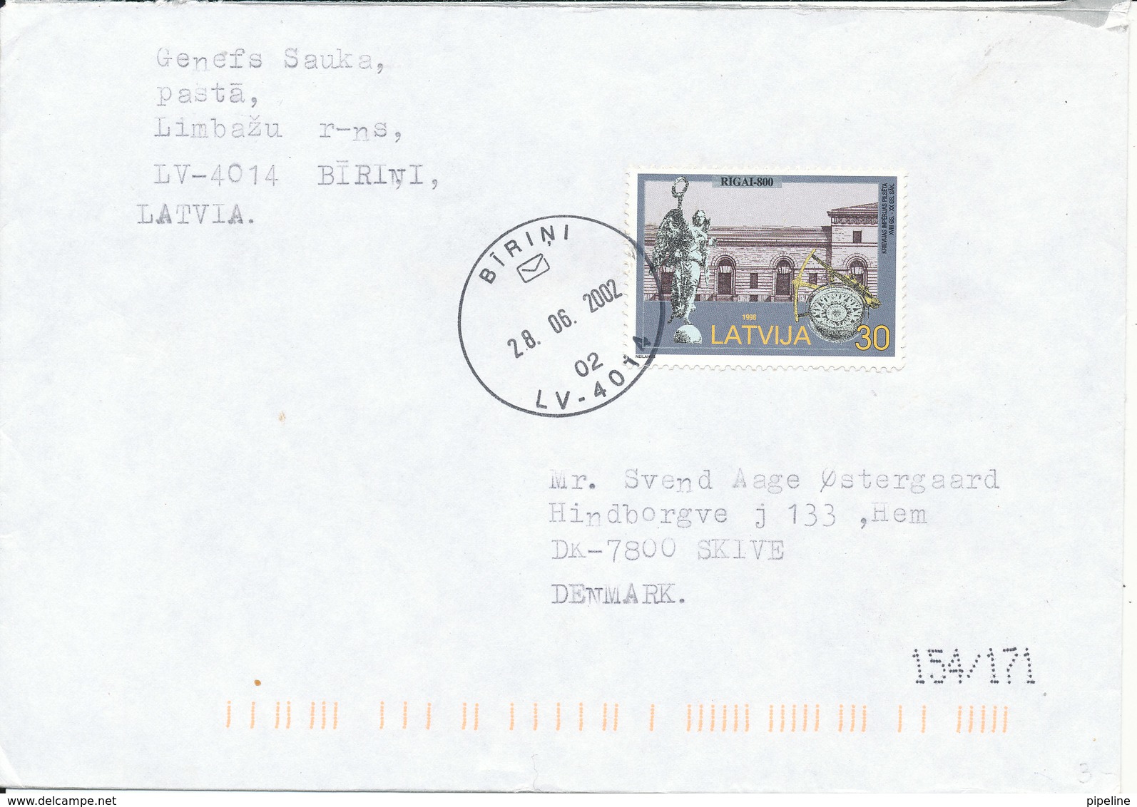 Latvia Cover Sent To Denmark Birini 28-6-2002 Single Franked - Latvia