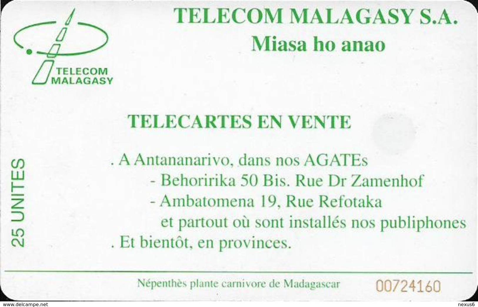 Madagascar - Telecom Malagasy - Carnivorous Plant - 25Units, CN. 00724xxx, Chip SC7, Used - Madagaskar