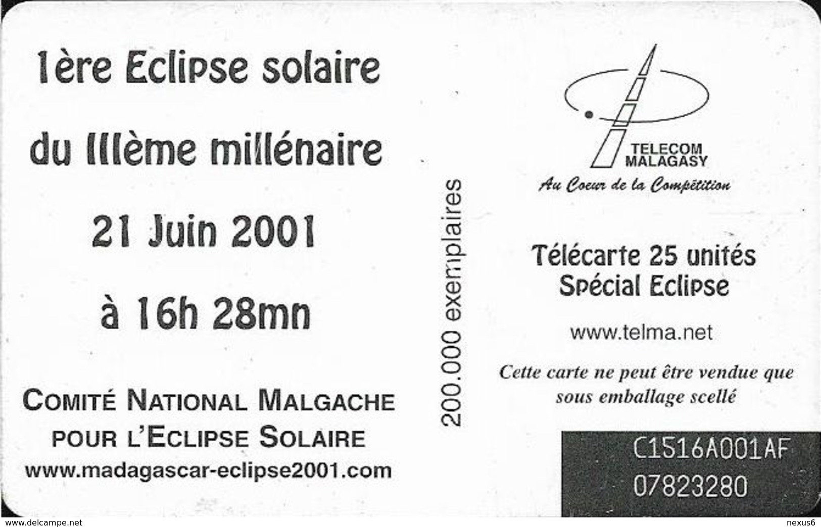 Madagascar - Telecom Malagasy - Eclipse 2001 - 25Units, SC7, 200.000ex, Used - Madagaskar