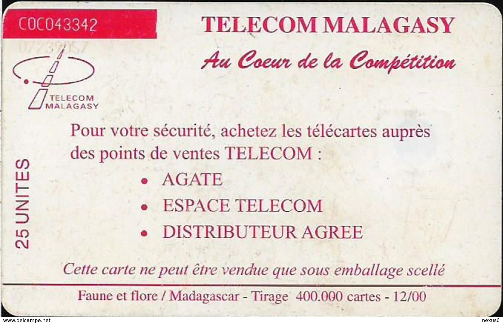 Madagascar - Telecom Malagasy - Nature Of Madagascar (Animals & Flowers) - 25Units, SC7, 400.000ex, Used - Madagaskar