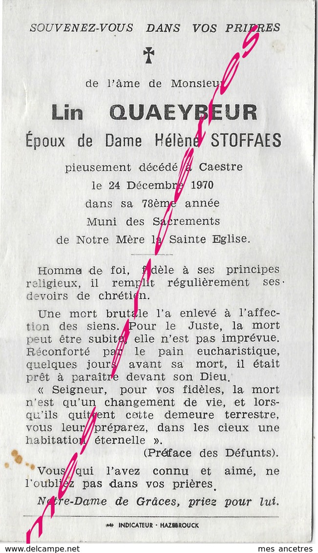 En 1970 Caestre (59) Lin QUAYBEUR Ep Hélène STOFFAES 78 Ans - Décès